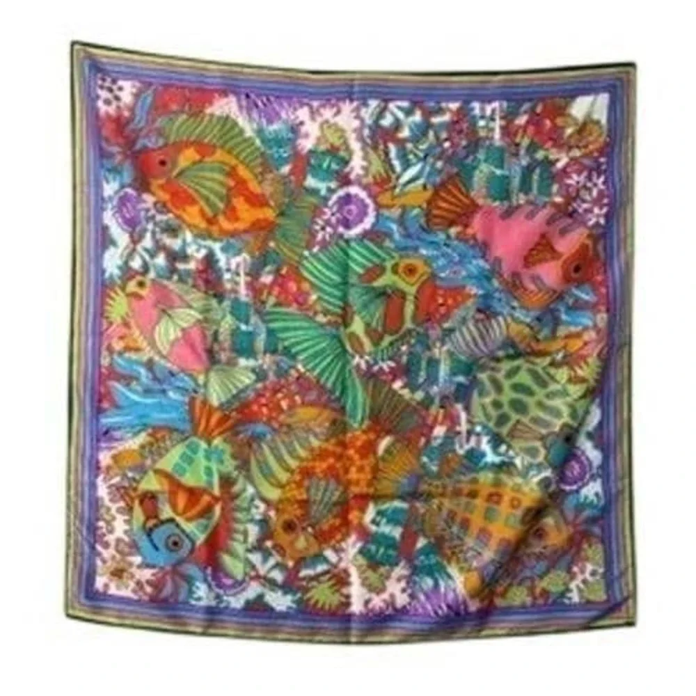 Vintage Colorful Fish Print Scarf Bright vtg Tropical Ocean Foulard Wild Rag 70s